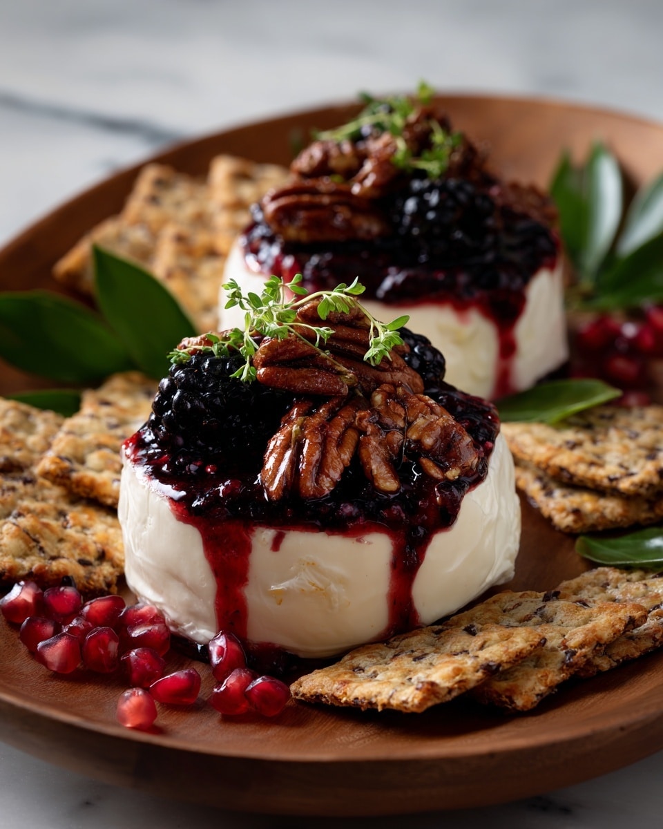 Two rounds of soft white cheese are placed on a wooden plate, each topped with a thick dark red berry jam layer, darker in texture and dripping slightly down the sides. On top of the jam are shiny brown pecans and a single dark blackberry with a small green herb sprig for decoration. Next to the cheese rounds are several rectangular light brown crackers dotted with dark seeds and bits. Scattered pomegranate seeds and pecans are around the plate, which sits on a white marbled surface with green leaves blurred in the background. Photo taken with an iphone --ar 4:5 --v 7