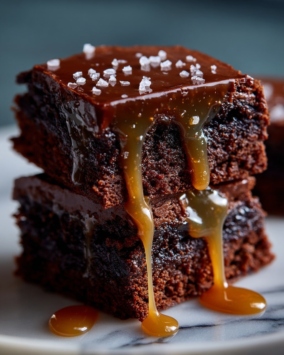 The image shows a close-up of two stacked chocolate brownies on a white marbled surface. The bottom brownie has a smooth, shiny dark chocolate layer on top, with a dense, moist dark brown base. The top brownie is thick with a chewy, textured dark brown inside and a slightly crisp outer edge. Both brownies are covered in a thick, glossy caramel sauce that drips down the sides, pooling around the bottom brownie and glistening under soft light. Some salt flakes are sprinkled on the caramel for extra detail. Photo taken with an iphone --ar 4:5 --v 7