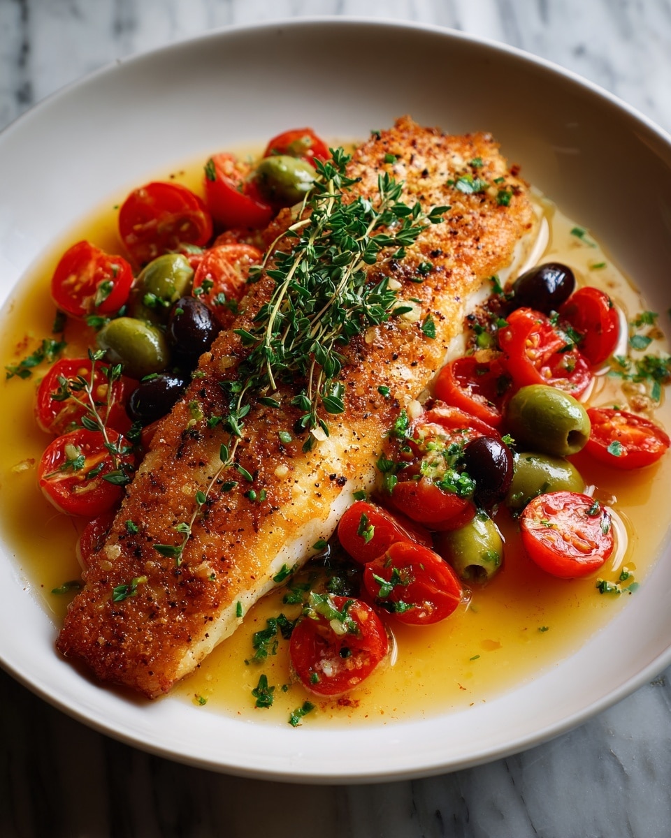 A large golden-brown fish fillet with a crispy, slightly speckled surface sits in the center of a shallow white bowl. Surrounding it are bright red cooked cherry tomatoes, some whole and some broken down, mixed with shiny green and black olives that add a smooth, glossy texture. The dish is topped with small bits of finely chopped fresh green herbs and two sprigs of fresh thyme laid across the fish. A golden sauce pools at the bottom, giving a slightly oily shine to the whole dish, set against a white marbled background. Photo taken with an iphone --ar 4:5 --v 7
