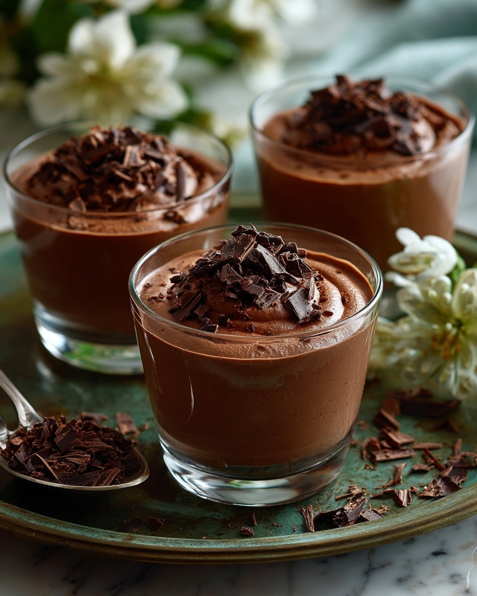 There are three clear glasses filled with smooth, light brown chocolate mousse, each having a soft, creamy top layer with gentle swirls. On the mousse surface, there are dark chocolate curls scattered unevenly for decoration. The glasses are placed closely together on a worn, greenish-gold metal tray with a rustic look. Around the glasses, more dark chocolate curls and small chocolate flakes are scattered. A vintage silver spoon filled with some chocolate curls lies on the tray near the front glass. The background shows blurred cream-colored flowers, and the whole scene is set on a white marbled textured surface. photo taken with an iphone --ar 4:5 --v 7