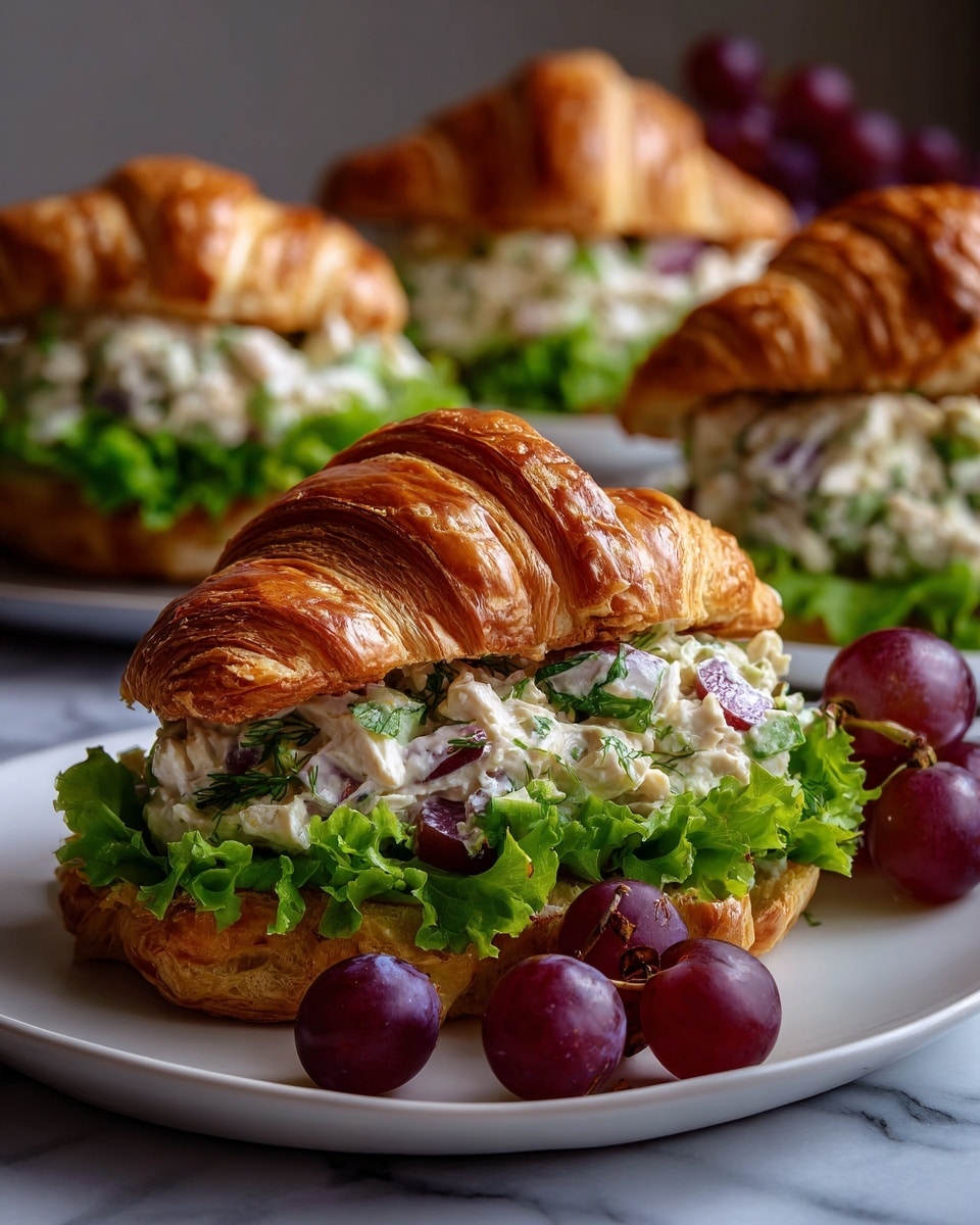The image shows a croissant sandwich with three layers: a top golden-brown flaky croissant, a thick middle layer of creamy chicken salad mixed with red grapes and green celery pieces, and a bottom layer of fresh green leaf lettuce. The sandwich sits on a white plate with a small bunch of red grapes on the side. The background is a white marbled surface with two more croissant sandwiches blurred in the distance. The photo taken with an iphone --ar 4:5 --v 7