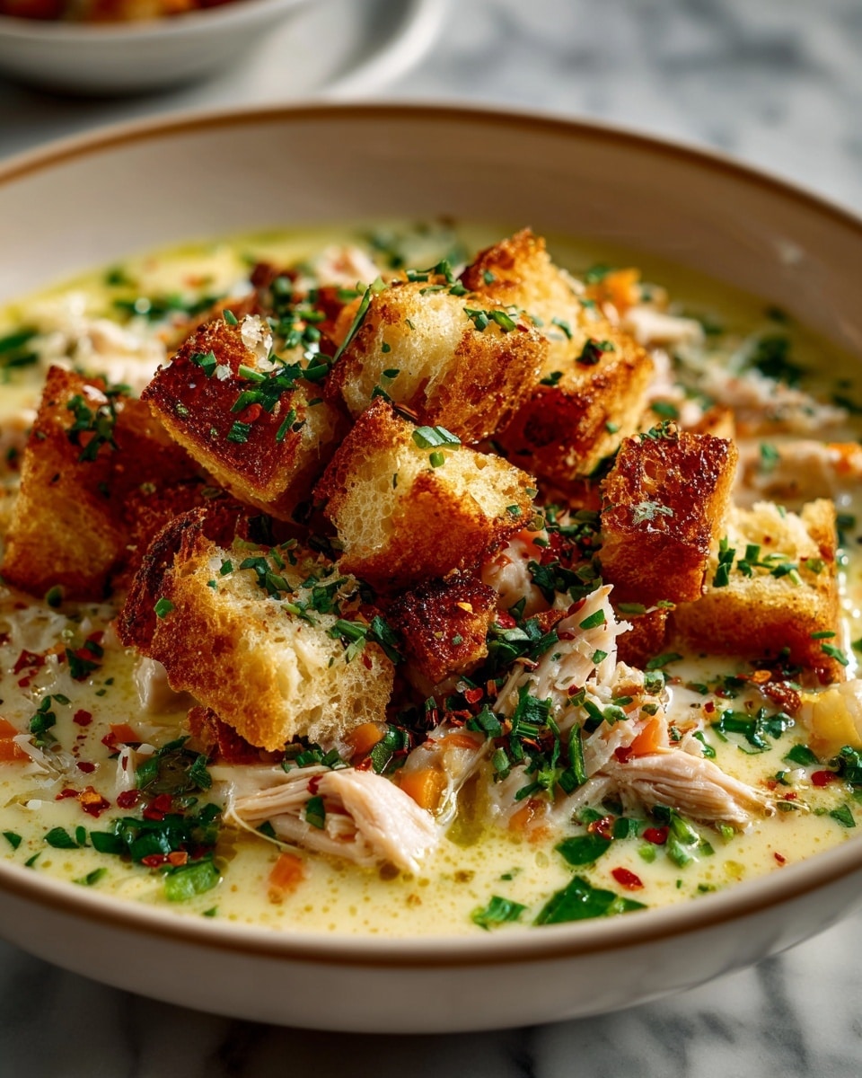 A close-up view of a bowl filled with creamy soup that has a light yellow base with visible small chunks of orange and pale pieces mixed inside. On top, there are several golden brown toasted croutons arranged in the center. Around the croutons, small shreds of white cheese are sprinkled, along with finely chopped green herbs scattered on the soup's surface. A light sprinkle of red spice powder adds color contrast on the croutons and soup. The bowl is white, and the background surface is white marble. Photo taken with an iphone --ar 4:5 --v 7
