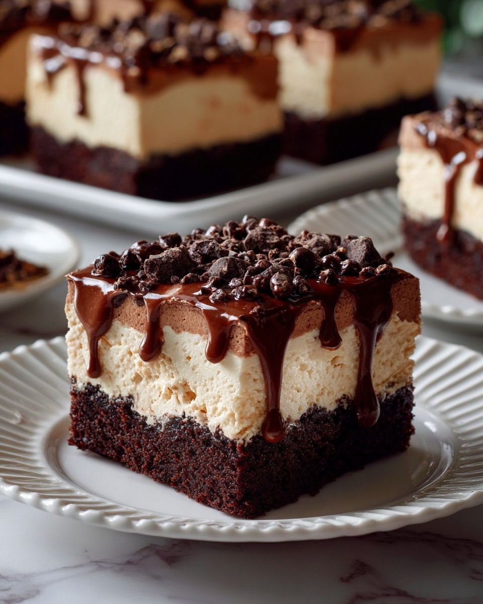A square dessert with two layers sits on a white plate with soft edges. The bottom layer is dark brown and looks moist with a rough texture. The top layer is light brown, fluffy, and creamy with small chocolate chips sprinkled all over. Dark chocolate sauce drips down from the top, adding shine to the soft cream. In the background, more of the same dessert pieces can be seen blurred on a tray and another white plate. The setting is on a white marbled surface. Photo taken with an iphone --ar 4:5 --v 7