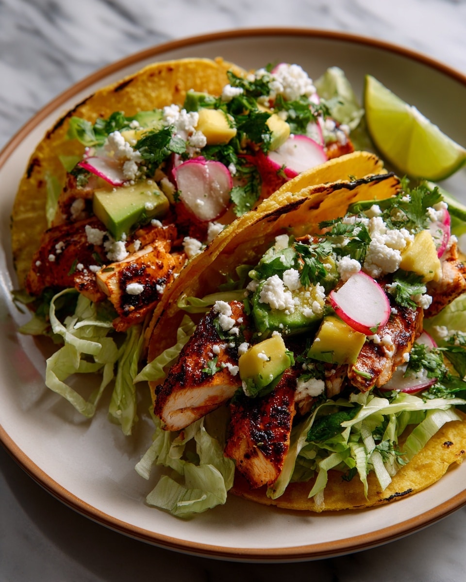 Two grilled chicken tacos sit on a white plate with a white marbled background. Each taco has three layers: the bottom layer is a yellow, slightly charred corn tortilla, the middle layer is a bed of shredded green lettuce, and the top layer consists of golden brown grilled chicken strips with dark grill marks, bright red pickled onions, small chunks of mango, fresh green avocado slices, and crumbled white cheese sprinkled all over, with drops of light pink sauce visible. A wedge of lime rests on the plate near the tacos. photo taken with an iphone --ar 4:5 --v 7
