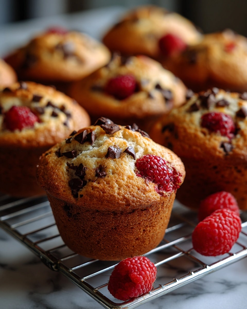 The image shows several golden-brown muffins with a soft and slightly bumpy texture, studded with dark brown chocolate pieces and bright red raspberries, some whole and some partially sunk into the tops. The muffins are arranged closely together on a silver cooling rack, which sits on a white marbled surface. A few fresh raspberries are placed in front of the rack for decoration. photo taken with an iphone --ar 4:5 --v 7