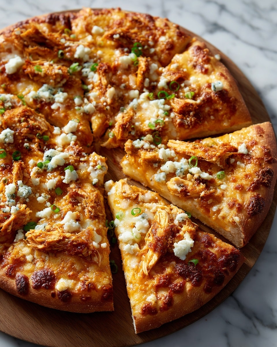 A round pizza with a golden, slightly thick crust on the bottom, topped with a layer of melted, light golden cheese spread evenly. On top of the cheese are pieces of shredded orange chicken and small chunks of light blue cheese scattered around. There are also small bits of bright green chopped scallions sprinkled all over. The pizza is cut into eight slices and placed on a wooden board with a white marbled surface in the background. photo taken with an iphone --ar 4:5 --v 7