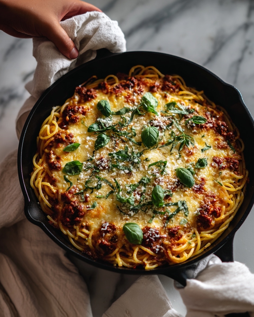 The dish is a baked spaghetti casserole in a black cast iron skillet. It shows several layers of spaghetti noodles mixed with a dark brown meat sauce at the bottom, topped with a thick layer of melted cheese that is golden brown and bubbly with slightly crispy edges. There are scattered green basil leaves and small white cheese shreds sprinkled on the top layer. A slice is scooped out, revealing the dense, twisted noodles and rich sauce underneath. A woman's hand wrapped in a white cloth holds the skillet handle, all set on a white marbled surface. photo taken with an iphone --ar 4:5 --v 7