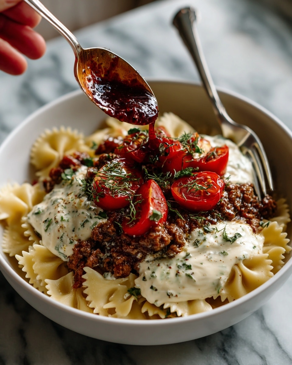 A white bowl filled with farfalle pasta forms the base layer, topped with a thick white creamy sauce spread evenly. On top of the sauce, there is a generous layer of cooked ground meat with a crumbly texture and rich brown color. Halved bright red cherry tomatoes are scattered on the meat layer, adding a fresh pop of color. A spoon held by a woman's hand is pouring a red sauce with visible small seeds over the top, creating a glossy finish. A fork rests on the side of the bowl. The bowl sits on a white marbled surface with soft lighting highlighting the dish’s textures and colors photo taken with an iphone --ar 4:5 --v 7