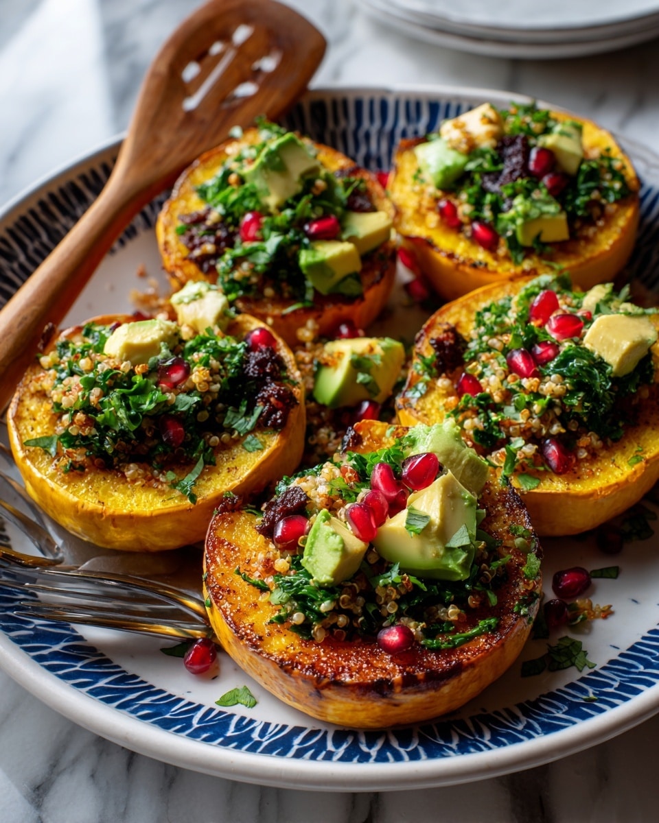 The image shows a white marbled surface with various ingredients neatly arranged in small bowls and on wooden plates. There are two halves of a yellow acorn squash with an empty center placed near the bottom left. A white bowl contains fluffy cooked quinoa with a grainy texture, while a blue bowl holds finely chopped white onions. Cranberries, dark red and wrinkled, are in a small wooden bowl. Another small wooden bowl holds mixed spices including cinnamon, garlic powder, onion powder, cumin, salt, and black pepper, all piled together. Bright green chopped celery pieces fill a white bowl. Dark brown pecans sit in a small white bowl. Two halves of a red pomegranate with bright seeds are placed on a wooden plate with a sprig of green parsley. A white bowl of salt, two peeled garlic cloves in a small wooden bowl, a small glass jug of golden olive oil, and two halves of red apples on a wooden plate are also seen, all placed on the white marbled surface. photo taken with an iphone --ar 4:5 --v 7