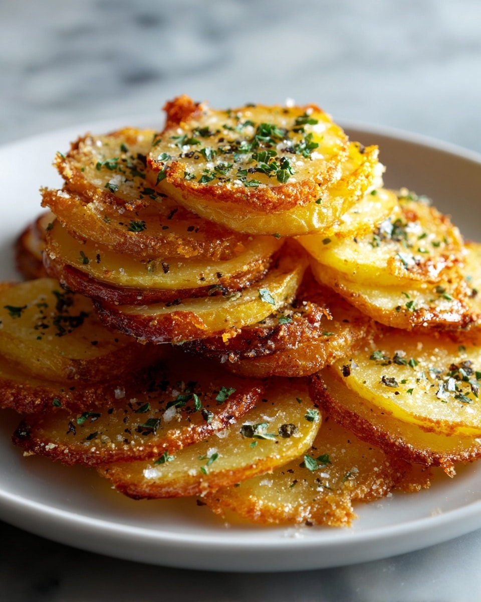 The image shows several small, round stacks of sliced potatoes on a white plate, each stack made of about five to six layers of thin, golden-brown potato slices with a slightly crispy edge. Each stack has a light topping of melted cheese, melted evenly and lightly browned in spots, and small pieces of green herbs scattered on top, adding a fresh touch. The background features a white marbled surface, providing a clean and bright setting. photo taken with an iphone --ar 4:5 --v 7