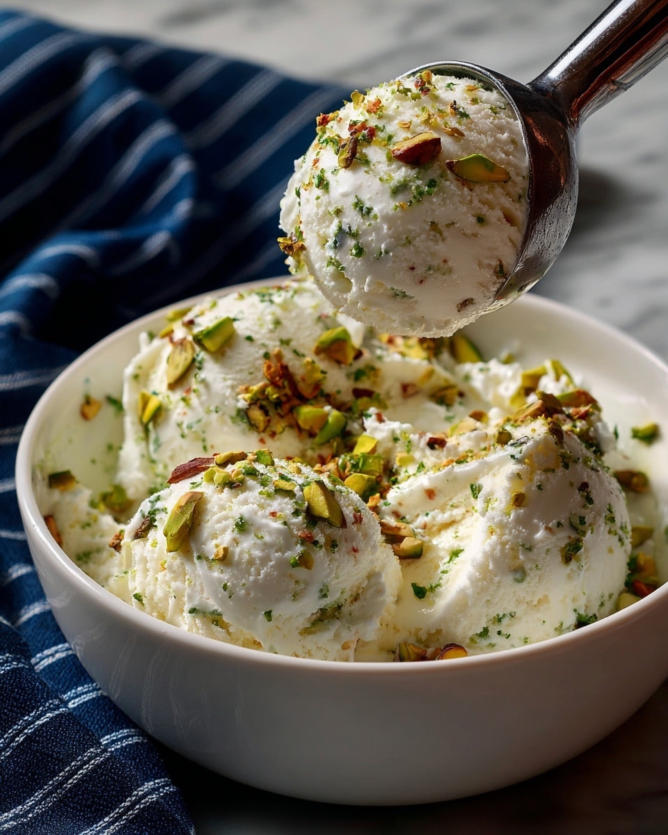A close-up shows a white oval dish filled with creamy white ice cream dotted with small chopped green pistachio nuts and a few darker small bits, with a metal ice cream scoop holding a round scoop of the same ice cream in the center of the dish. The dish rests on a dark textured cloth and the background is a white marbled texture photo taken with an iphone --ar 4:5 --v 7