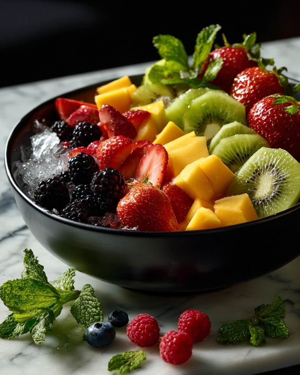 A dark bowl filled with three visible layers: the bottom layer is clear, shiny ice cubes; the middle layer has slices of green kiwi with black seeds, small orange melon cubes, and some raspberries; the top layer has red strawberries with tiny seeds, blackberries, small yellow melon cubes, and more raspberries, all decorated with fresh bright green mint leaves. Around the bowl, on a matching dark plate, more strawberries, blackberries, raspberries, blueberries, and mint leaves are scattered. The whole setup sits on a white marbled surface with a black background. Photo taken with an iphone --ar 4:5 --v 7