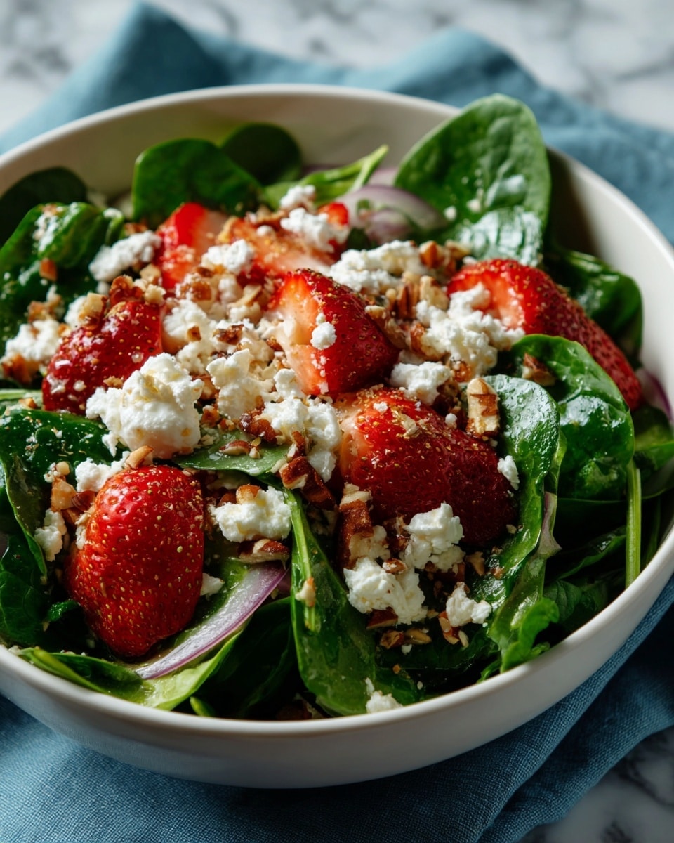 A wooden bowl filled with fresh green spinach leaves at the bottom, topped with sliced bright red strawberries scattered evenly across the salad. Thin, light purple slices of red onion rest on top, mixed in with small chunks of white crumbly cheese, and finely chopped brown nuts sprinkled all over. The bowl is placed on a blue cloth set on a white marbled surface. Photo taken with an iphone --ar 4:5 --v 7