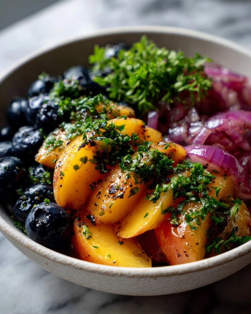 The image shows a colorful fruit salad in a white bowl with several layers of ingredients. The base layer is made of sliced yellow and orange peaches with a slightly caramelized look and soft texture. Mixed within and on top of the peaches are deep purple blueberries and pieces of chopped red onion. Fresh green herbs, likely parsley or cilantro, are scattered over the fruit adding a leafy texture and bright contrast. The salad is lightly sprinkled with black pepper and some small bits of green onion, giving a fresh and tangy appearance. The bowl sits on a white marbled surface, enhancing the vibrant colors of the salad. photo taken with an iphone --ar 4:5 --v 7