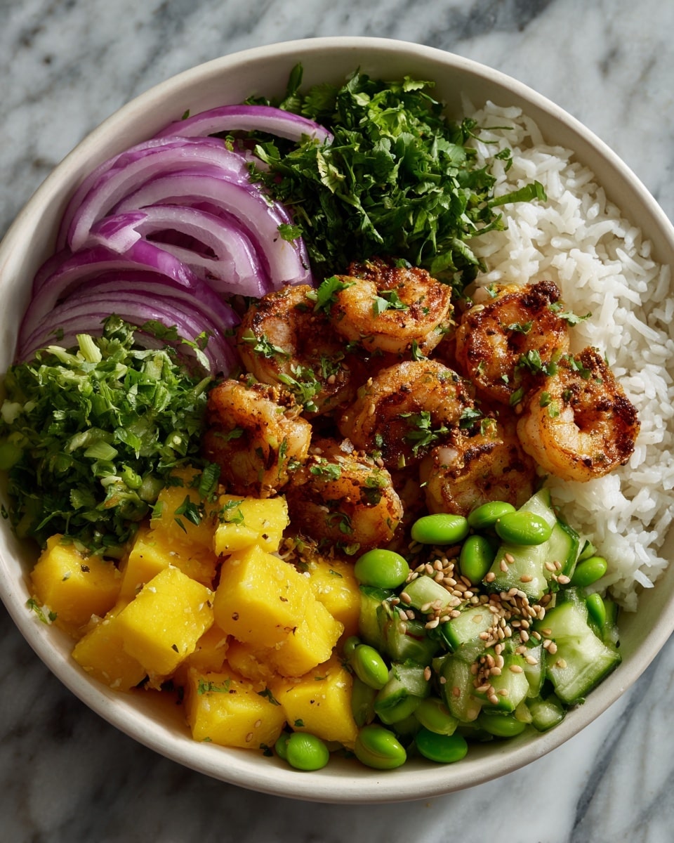 A white bowl is filled with five different layers arranged in sections. Starting from the bottom left, there is a fluffy layer of white rice with a soft texture. Next to it, on the bottom right, there is a bright green layer of chopped cucumber mixed with green edamame beans sprinkled with light sesame seeds. Above this, a section of small, shiny yellow-orange mango cubes is placed. The top left contains thin slices of purple-red onion in rings and next to it is a small pile of fresh green chopped herbs. In the center of the bowl, there is a layer of golden brown grilled shrimp with some green herbs sprinkled on top, creating a pop of contrast. The photo is taken with an iphone --ar 4:5 --v 7