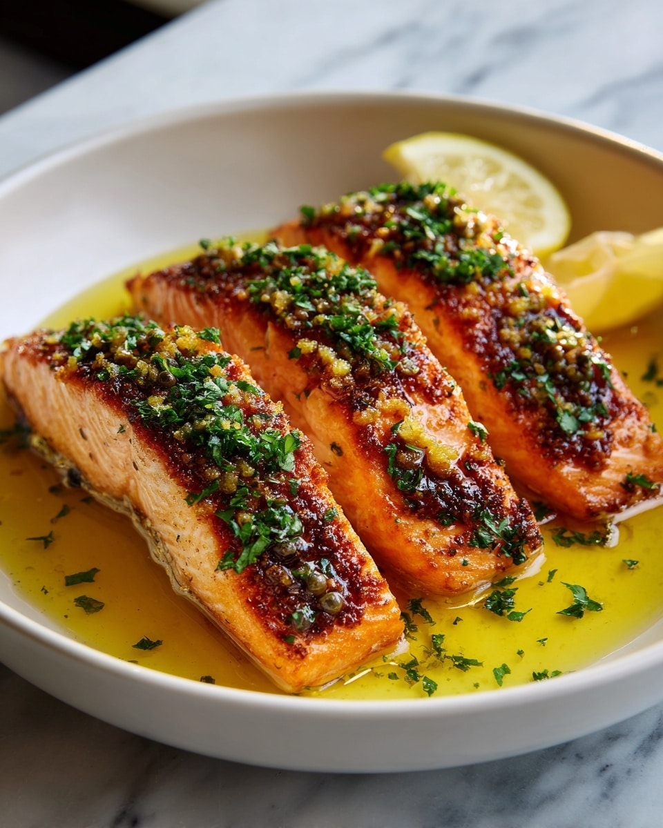Three pieces of cooked salmon with a charred dark brown crust, covered with finely chopped green herbs. They are placed side by side in a shallow layer of yellow oil on a white plate. A lemon slice is partially visible in the background. The plate rests on a white marbled texture surface. Photo taken with an iphone --ar 4:5 --v 7