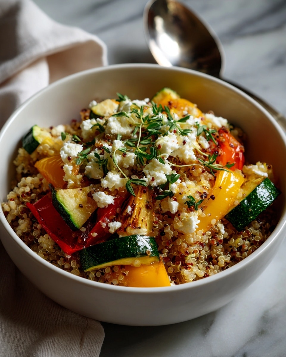 A white bowl filled with a colorful quinoa salad placed on a white marbled surface, showing mixed layers of small quinoa grains in shades of beige and brown evenly spread throughout. On top are pieces of chopped yellow and orange bell peppers, diced zucchini with green skin, and thin strips of red bell pepper, all mixed within the quinoa. Small white chunks of cheese are scattered over the salad, adding a soft texture contrast. Fresh chopped green herbs are sprinkled over the dish, adding a touch of brightness and color variety. Photo taken with an iphone --ar 4:5 --v 7