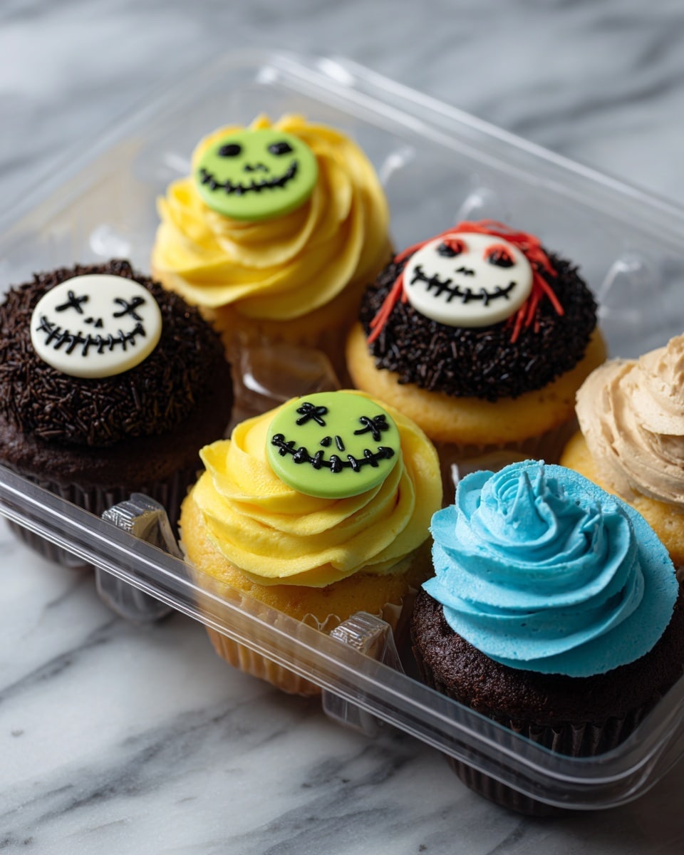 The image shows six cupcakes in a clear plastic box on a white marbled surface. They are arranged in two rows of three. Three cupcakes have bright light blue frosting swirled into tall peaks, two cupcakes have smooth black frosting, and the last one has light brown frosting swirled wide and tall. Each cupcake is topped with a round edible decoration featuring cartoon faces with big eyes and different expressions in black, white, and red colors. The cupcakes have golden-yellow bases. photo taken with an iphone --ar 4:5 --v 7