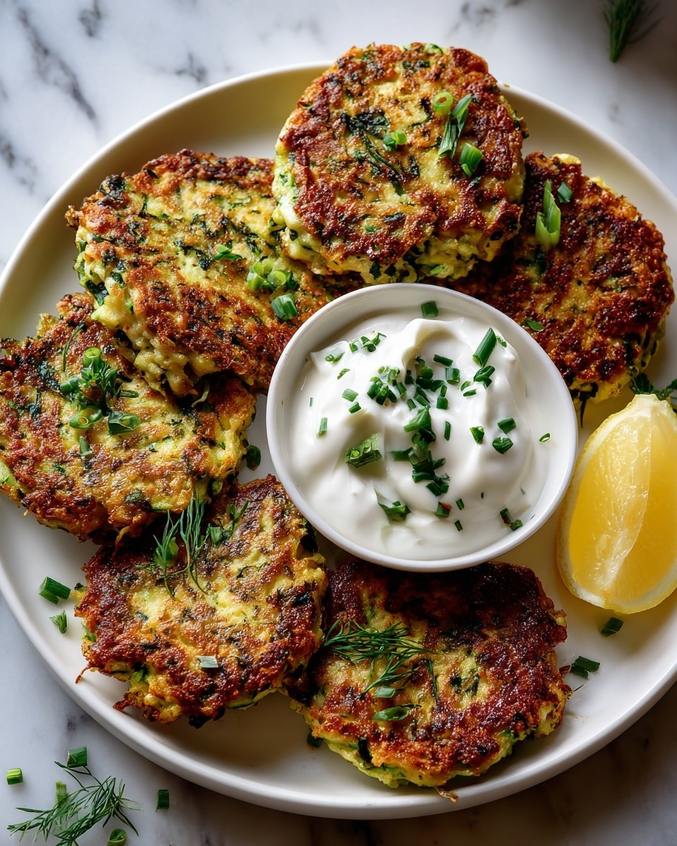 A white plate on a white marbled surface holds five golden brown zucchini fritters arranged in a loose circle. The fritters are textured with visible bits of green zucchini and specks of herbs. In the center of the plate is a small white bowl filled with white creamy sauce, sprinkled with fresh green herbs. A lemon wedge, bright yellow with a shiny texture, sits beside the bowl on the right. Small bits of chopped green herbs are scattered around the plate for garnish. photo taken with an iphone --ar 4:5 --v 7