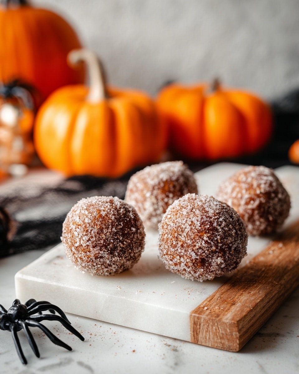Four round dessert balls coated with a layer of granulated sugar and a dusting of brown powder, arranged in a loose square on a white marble cutting board with wooden edges. The balls have a slightly rough texture under the sugar and powder. The cutting board is placed on a white marbled surface. In the background, there are Halloween decorations including orange pumpkins, a black cloth, and small black and white skull-themed items. The lighting is soft, highlighting the texture of the dessert balls and the powder scattered on the board. Photo taken with an iphone --ar 4:5 --v 7