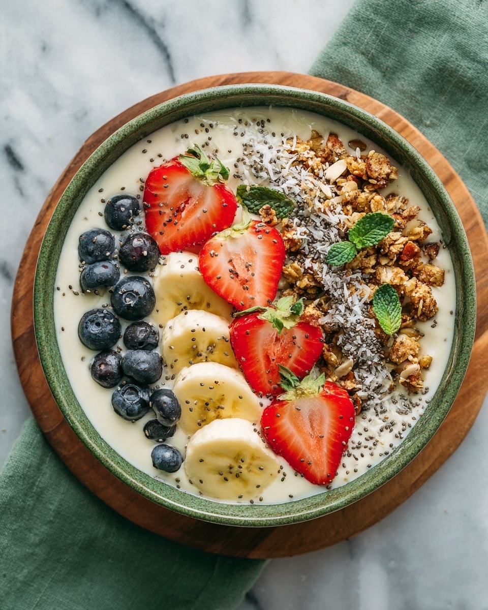 A white bowl filled with a creamy white liquid has three main layered toppings placed side by side: on the left, plump dark blue blueberries; in the middle, bright red sliced strawberries with green leaves; on the right, small banana slices topped with light brown granola pieces and white coconut flakes, garnished with a fresh green mint leaf. Tiny black chia seeds are sprinkled over the fruit and liquid, adding texture. The bowl is set on a natural wooden board with a white marbled surface beneath. Photo taken with an iphone --ar 4:5 --v 7