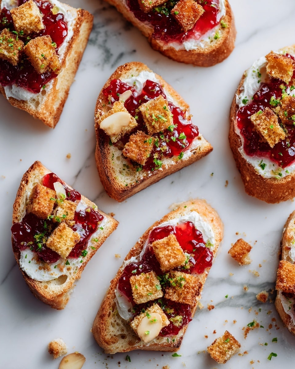 The image shows several ingredients laid out on a white marbled surface, including a log of white goat cheese on a white plate, a small bowl of light yellow honey, a stack of sliced bread with a light golden crust and soft interior, roasted butternut squash cubes in a large speckled white bowl with warm orange and brown tones, a clear glass jar of bright red cranberry sauce with visible whole cranberries, a small white bowl of heavy cream, a wooden bowl of white coarse kosher salt, a white bowl filled with chopped bright green scallions, a pink bowl holding beige sliced almonds with brown edges, and fresh green parsley leaves on the top right. There is also a small garlic clove and a wooden board partially visible under the bread photo taken with an iphone --ar 4:5 --v 7