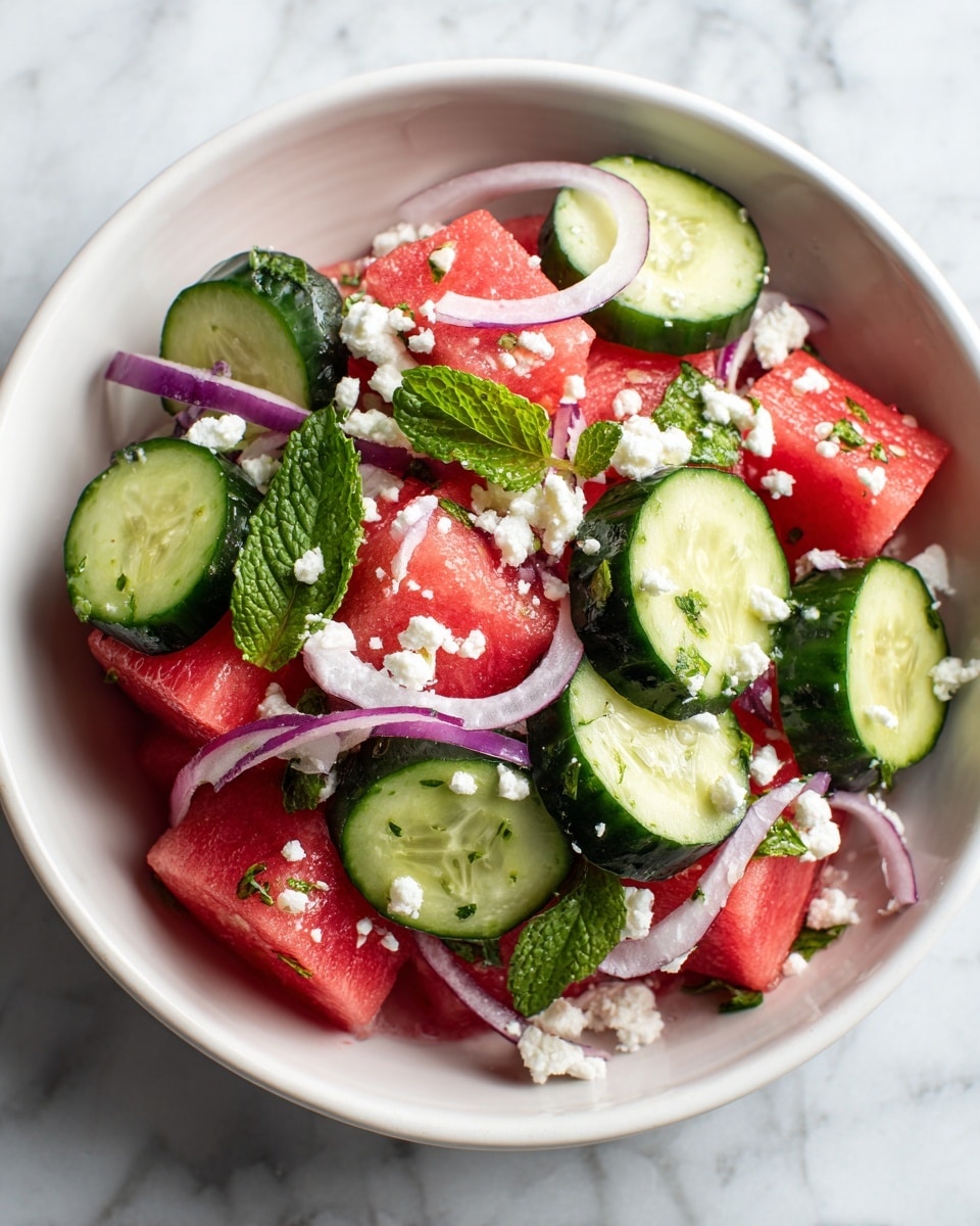 A top view image of ingredients on a white marbled surface, including a bowl made from a watermelon shell filled with bright red watermelon wedges showing their juicy texture. Below it is a white plate topped with white cubes of feta cheese, looking soft and crumbly. To the right of the cheese is a bunch of fresh green mint leaves with detailed veins and texture. Surrounding these are small wooden bowls holding a green herb sauce, a light brown spice, a pale yellow oil, and a white granular salt. There is also a small white bowl containing a white powder, possibly flour. A clear bottle of golden olive oil with a round glass top is placed in the top right corner. Photo taken with an iphone --ar 4:5 --v 7
