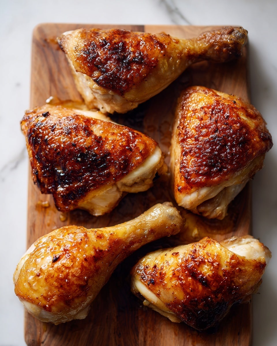 This image shows six pieces of roasted chicken arranged on a wooden cutting board with a yellow-brown cooked skin and visible crispy texture. The pieces include two wings positioned near the top, two larger leg and thigh pieces placed towards the bottom left and middle right, and two breast sections near the bottom right. The skin glistens with a slight shine indicating juiciness, and there are small bits of white chicken meat visible where the pieces have been separated. The wooden board has some darker spots and marks from use, adding a rustic feel to the scene. photo taken with an iphone --ar 4:5 --v 7