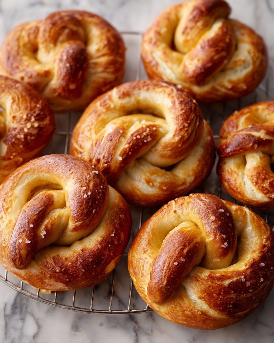 The image shows a stack of nine golden brown pretzels with a shiny, smooth crust. They have a classic pretzel shape, with thick loops and twisted arms on top, each featuring a glossy glaze that catches the light beautifully. The pretzels are placed closely together in two layers on a silver wire cooling rack, which rests on a white marbled surface. The colors range from light golden in the softer parts to deep brown on the edges, showing a perfect bake. photo taken with an iphone --ar 4:5 --v 7