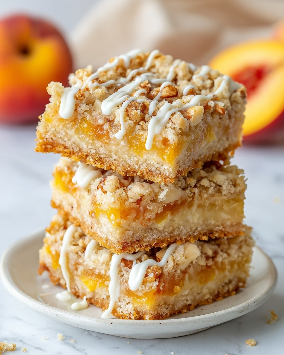 The image shows a stack of three dessert bars on a white plate, placed on a white marbled surface. Each bar has three distinct layers: the bottom layer is a light brown, crumbly crust; the middle layer is a chunky, bright orange fruit filling with bits of fruit visible; the top layer is a crumbly streusel topping with small nut pieces and thin white icing drizzled over it. The bars look moist with a mix of soft and crunchy textures. In the background, there is a soft-focus half orange fruit and a glass vase with white flowers. photo taken with an iphone --ar 4:5 --v 7
