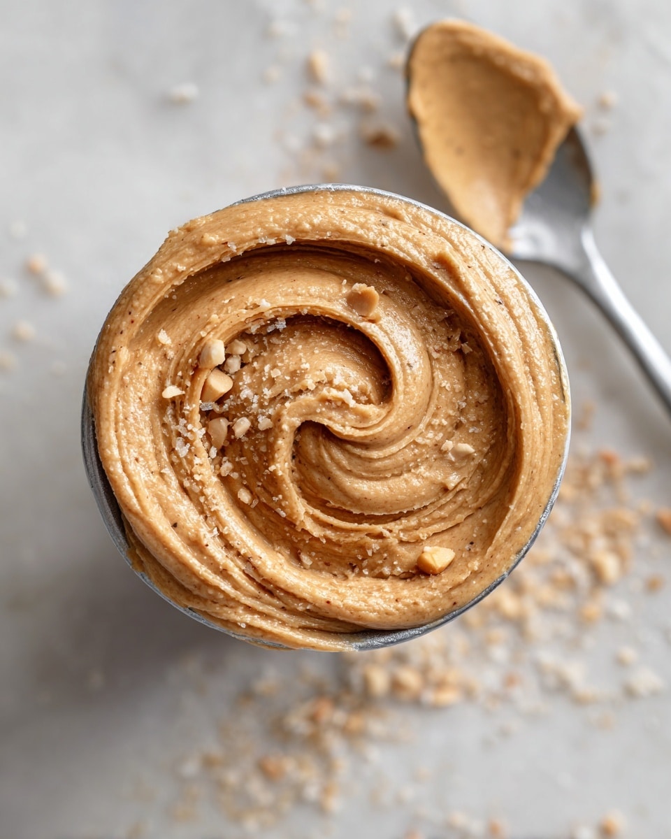 A metal measuring cup filled with a creamy, light brown nut butter that has a smooth texture with small bits visible. The nut butter is swirled in a circular pattern on top, giving a sense of thickness and richness. Behind the cup, there is a spoon resting on a white marbled surface with some nut butter on it, slightly out of focus. The overall background is soft and light, highlighting the nut butter's color and texture. Photo taken with an iphone --ar 4:5 --v 7