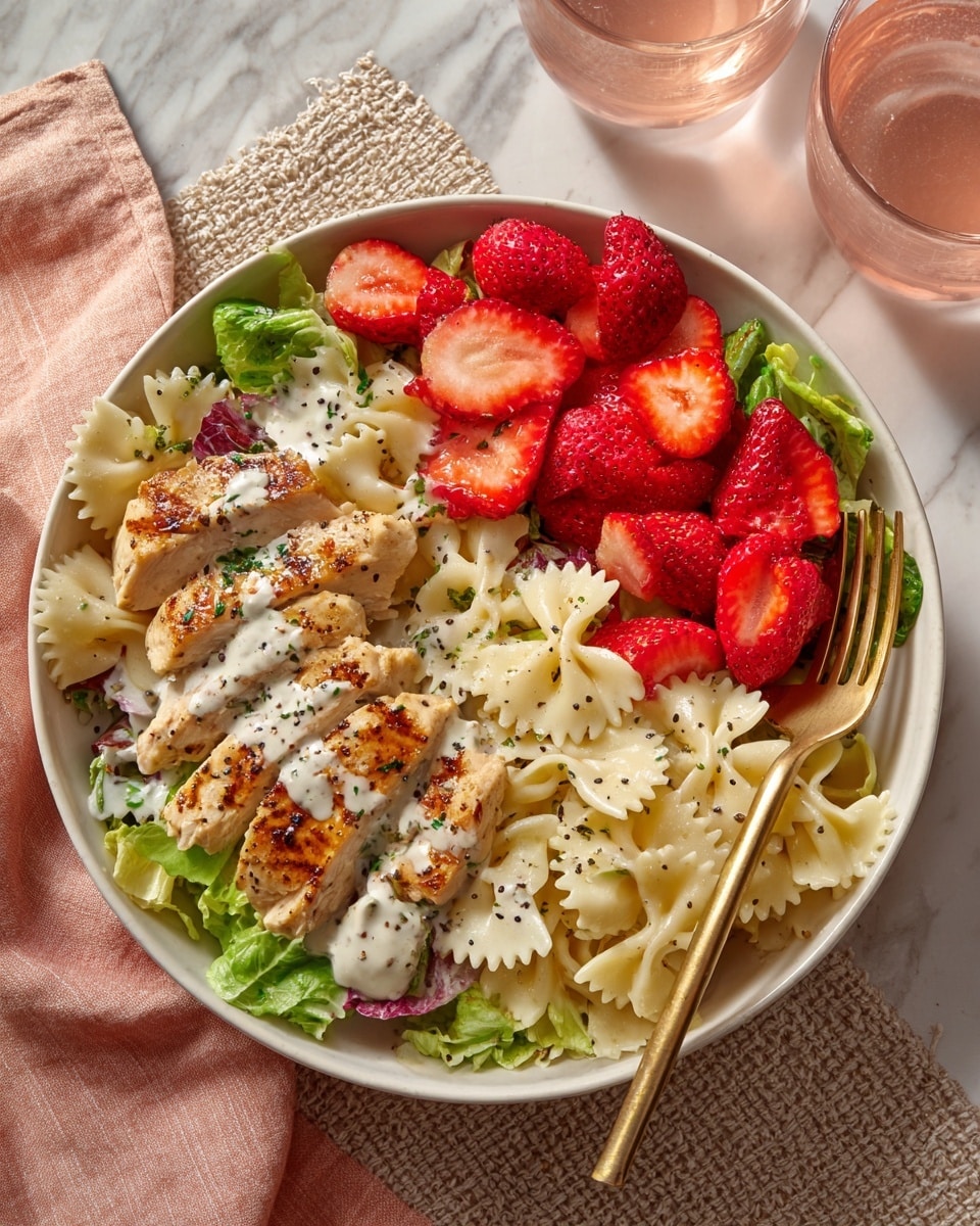 A top-down view of various small white bowls and plates arranged on a white marbled surface, each filled with different ingredients for a salad. Starting from the top left, a bowl holds sliced almonds in light brown and cream shades, a smaller bowl above it contains white salt, and nearby is a bowl with thick white Greek yogurt. To the right, a clear glass container holds golden olive oil, next to two halves of a green avocado with brown pits and one whole avocado with dark rough skin. Below that, a small bowl of honey in amber color sits beside a white dish with golden brown apple cider vinegar. Below these, a small dish holds black poppy seeds. On the left middle, a white bowl is filled with bright red strawberries with green leaves. Near the center, a bowl has crumbly white feta cheese. To the bottom right, a large white bowl contains uncooked farfalle pasta in pale yellow. At the bottom left is a bowl filled with chopped romaine lettuce in fresh green shades. All items are clearly labeled with bold black text on white backgrounds. photo taken with an iphone --ar 4:5 --v 7