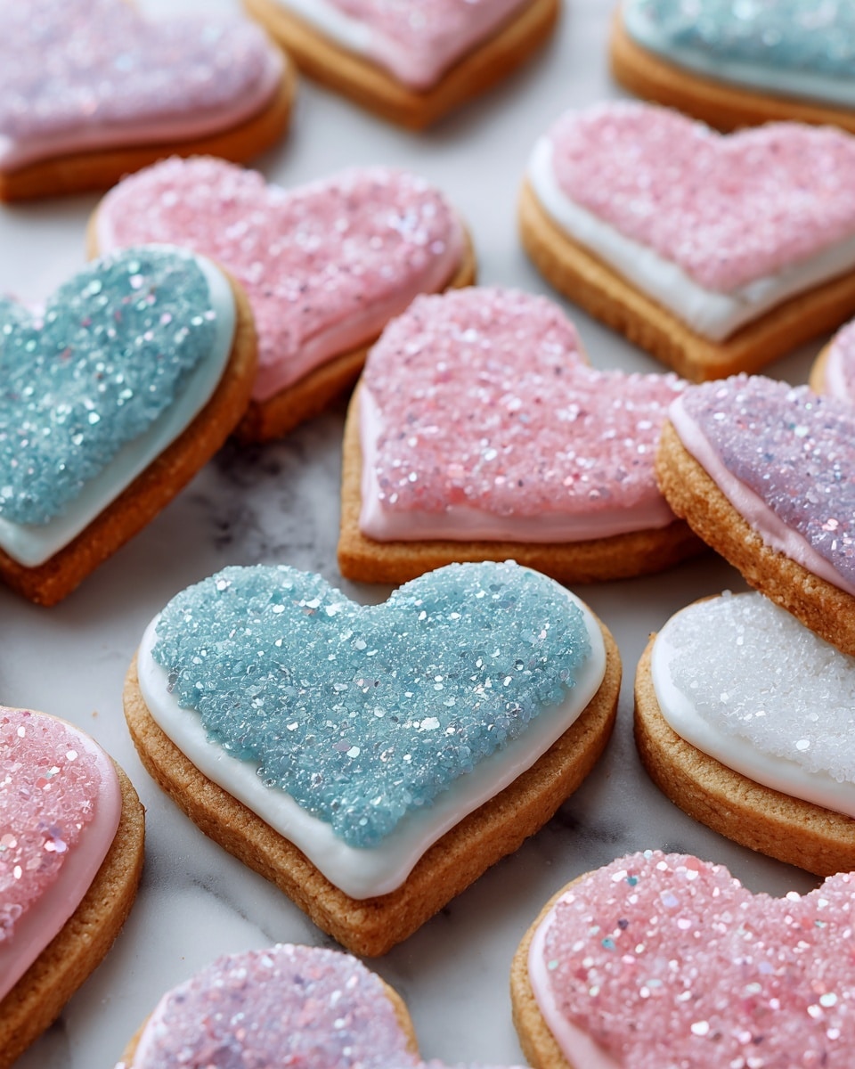 A pile of heart-shaped sugar cookies is shown on a white marbled surface, each cookie having two main layers: a soft golden-baked cookie base and a smooth icing top layer. The icing layers come in three colors: soft pink with coarse pink sugar sprinkles creating a textured sparkle, solid pastel blue with a smooth matte finish, and plain white with a smooth, flat look. The cookies are stacked and overlapped randomly, filling the entire frame closely. The photo taken with an iphone --ar 4:5 --v 7
