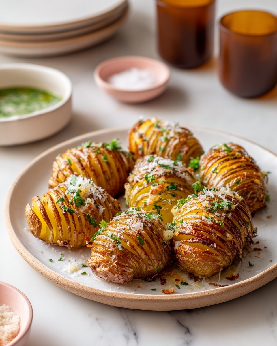 A white plate holds six sliced baked potatoes arranged in two rows, each potato thinly sliced but not all the way through, creating a layered fan shape. The potato slices are topped with melted butter or oil and finely chopped green herbs sprinkled evenly over them. The potato skin is golden brown, and the insides are soft and yellowish. In the background, there are two small bowls filled with green sauce and salt, two dark glasses, and a small stack of white plates, all set on a white marbled surface. The photo taken with an iphone --ar 4:5 --v 7