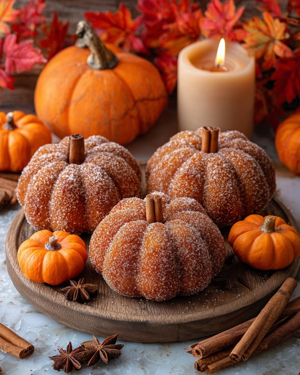 The image shows small pumpkin-shaped cakes with a golden brown outer layer covered in sugar and cinnamon, each topped with two vertical cinnamon sticks resembling pumpkin stems. One cake is broken open to reveal a soft, fluffy crumb inside, filled with smooth, light cream filling in the center. The cakes rest on light brown parchment paper placed on a round wooden board. In the background, there are decorative mini orange pumpkins, a bunch of eggs, some autumn leaves, and blurred candle flames, all set against a white marbled texture. Photo taken with an iphone --ar 4:5 --v 7