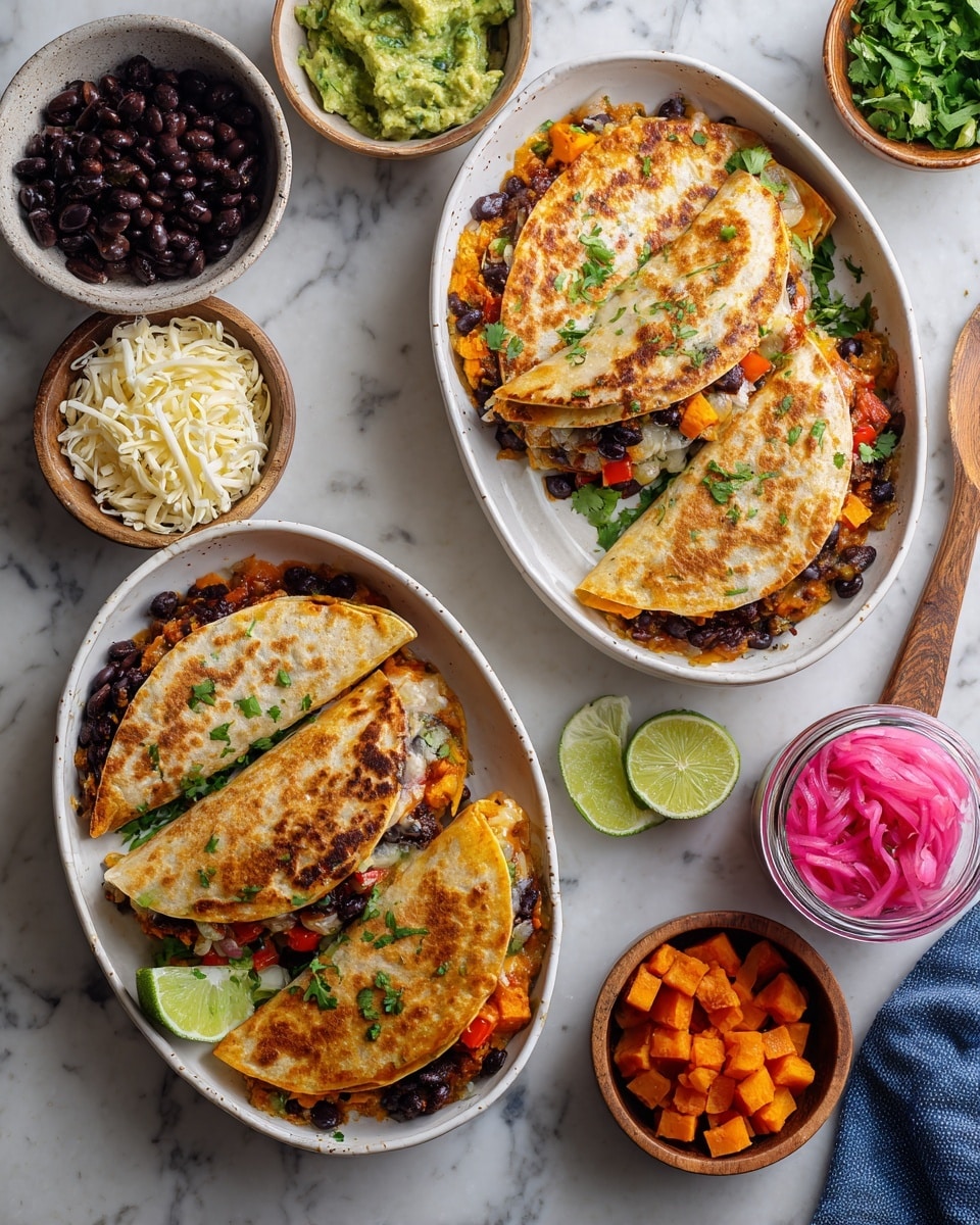 The image shows ingredients for a meal arranged on a white marbled surface. On the right side, five pale yellow tortillas are stacked in a fanned-out way. Above them, there is a white bowl filled with black beans and a wooden spoon resting inside the bowl. Near the top left corner, there is a red bell pepper with a shiny surface. Below the pepper, there is a medium-sized, reddish-brown sweet potato. To the left of the sweet potato, there are two dark green poblano peppers and a long green chili pepper below them. Two bright green limes are placed between the peppers and tortillas. At the bottom left corner, a small wooden bowl holds shredded yellow and white cheese mixed together. Photo taken with an iphone --ar 4:5 --v 7