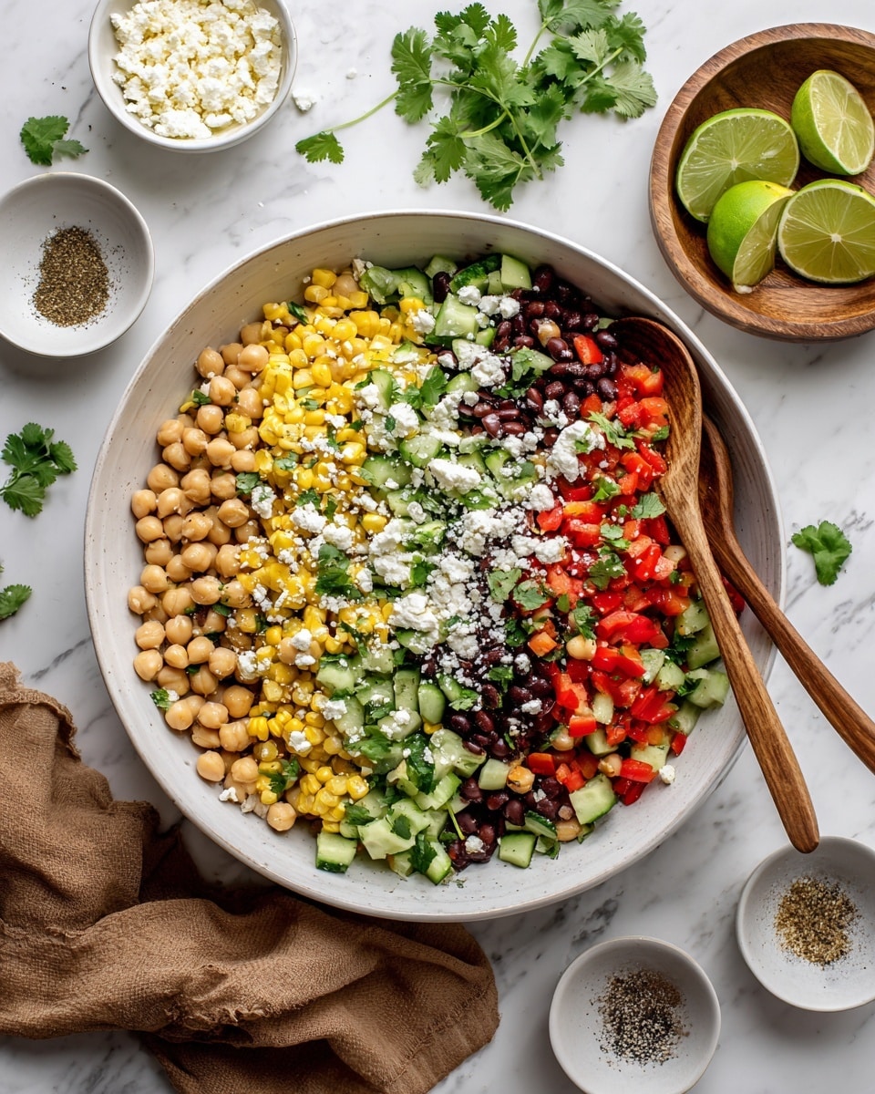 The image shows many fresh ingredients arranged neatly on a white marbled surface. There are two white bowls with dark red kidney beans and light beige chickpeas in the center. To the right, two yellow corn cobs lie on a wooden board with a half green lime and a small purple garlic clove. Nearby, a small jalapeño pepper is placed. Around the main bowls are smaller white bowls holding bright red chopped bell peppers, green chopped cucumbers, finely sliced light green onions, chopped green herbs, and coarse salt. Two small white bowls contain black pepper and a golden honey-like liquid. A white juicer with some lemon juice is also present near the top center. The scene is well-lit with fresh, vibrant colors. Photo taken with an iphone --ar 4:5 --v 7