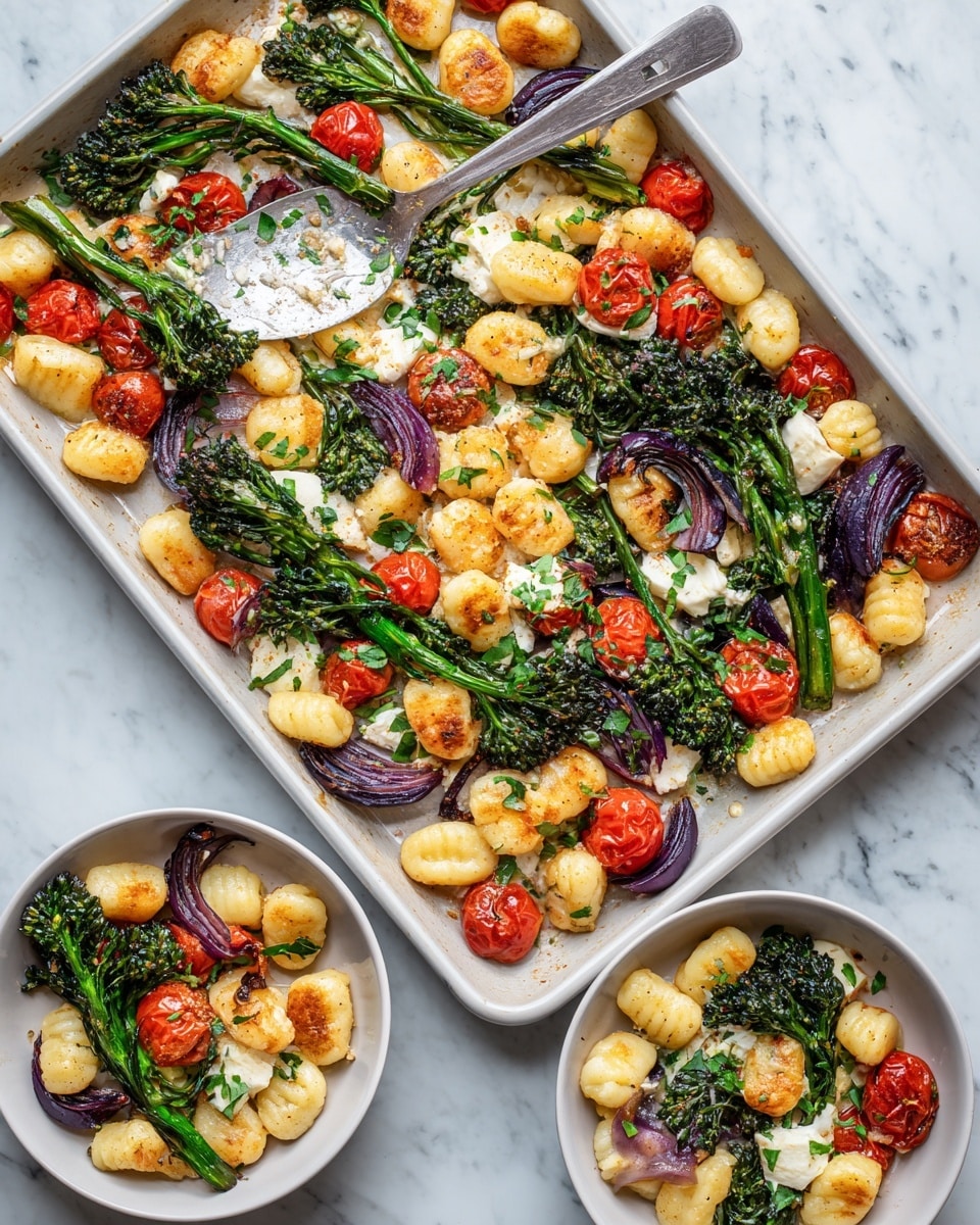 The image shows several fresh ingredients arranged on a wooden cutting board placed on a white marbled surface. On the board, there is a bowl filled with soft white cheese chunks to the left, bright red cherry tomatoes both loose and still on the vine clustered in the middle, and vibrant green broccolini scattered nearby. A halved purple onion rests near the bottom left corner of the board. To the right of the board, a white bowl is filled with pale, ridged gnocchi. Above the cutting board, a small white plate holds a few slices of garlic and a small white bowl filled with dried herbs and red pepper flakes. The scene has a clean, fresh look with natural textures clearly visible. Photo taken with an iphone --ar 4:5 --v 7