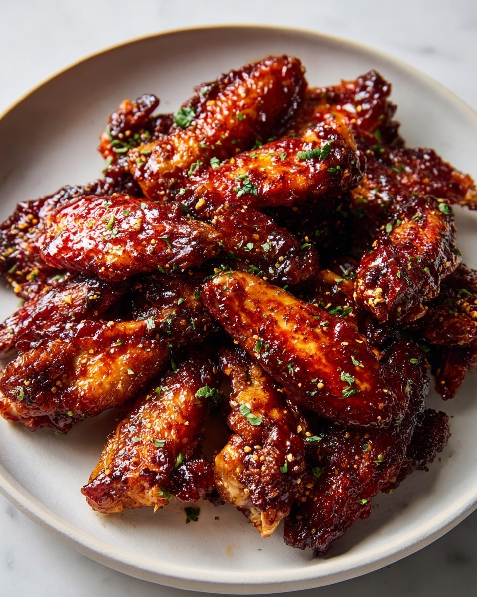 A white plate is full of cooked chicken wings arranged closely in a single layer, each wing covered in a shiny, sticky reddish-brown sauce with visible bits of seasoning. The wings have a crispy and textured surface with some darker charred spots giving a grilled look. The background is a white marbled surface. Photo taken with an iphone --ar 4:5 --v 7