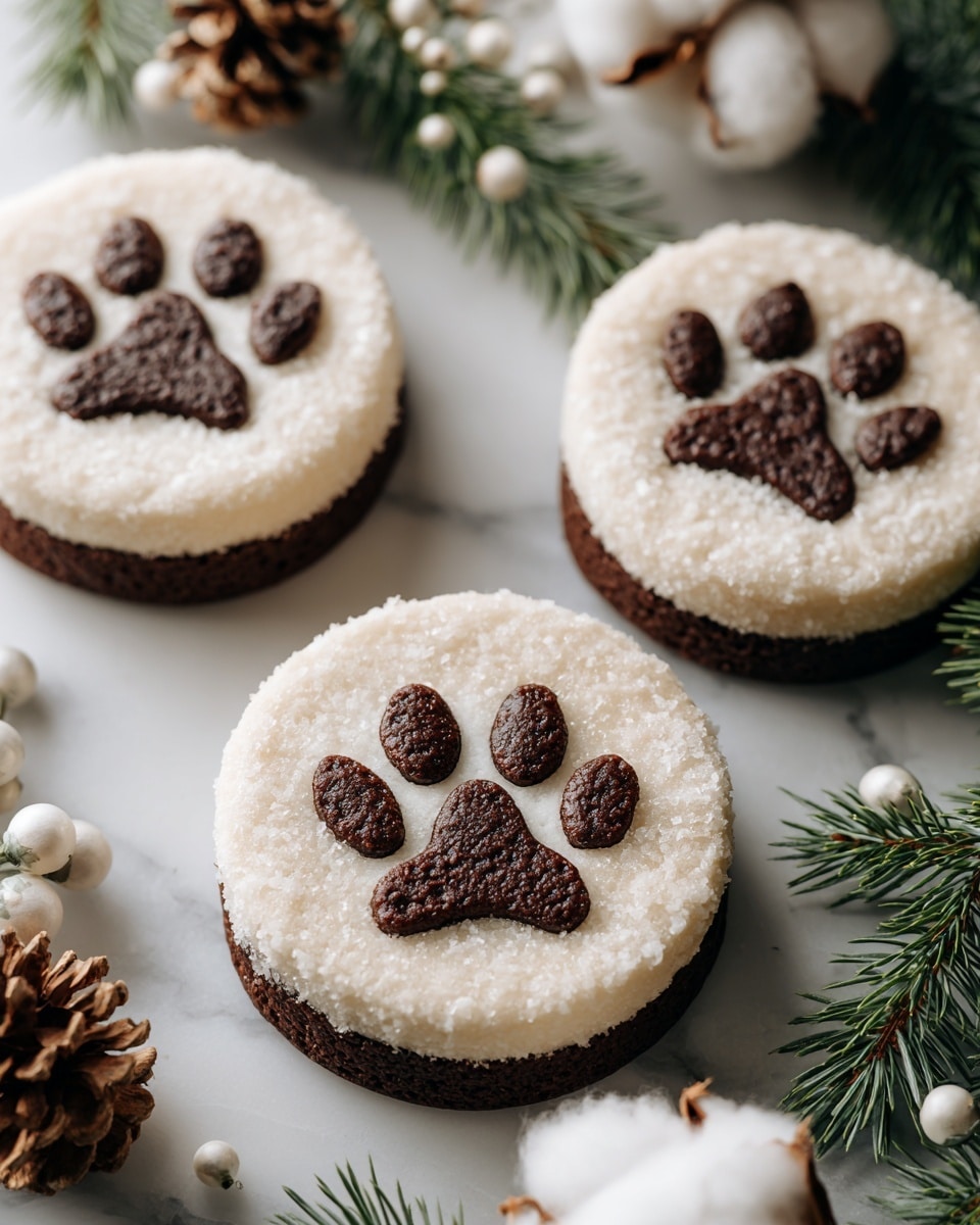 The image shows a close-up of round cookies that look like paw prints. Each cookie has three layers. The bottom layer is a dark chocolate cookie with a rough texture. The middle layer is thick white frosting covered in large sugar crystals giving it a sparkly, rough surface. On top, there is a large round chocolate candy in the middle, surrounded by four smaller round chocolate candies to form the paw print shape. The cookies are on a white plate placed on a white marbled surface photo taken with an iphone --ar 4:5 --v 7