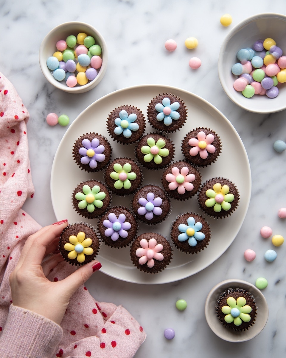 The image shows several small round chocolate cakes arranged closely together with a rough and crumbly dark brown texture. Each cake has a single flower design made from large a circle of five evenly spaced colorful candy petals on top, with a smaller candy circle in the center. The candy petals come in pastel colors of green, pink, yellow, and light blue, while the smaller center candies are mostly yellow. The cakes form a bright, playful contrast against the dark base, and the surface underneath is a white marbled texture. photo taken with an iphone --ar 4:5 --v 7