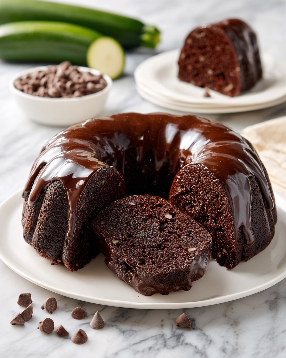 The image shows a chocolate bundt cake on a white plate placed on a white marbled surface. The cake is covered with a shiny, smooth, dark chocolate glaze that drips slightly over the sides. Two slices are cut and laid out in front of the cake, showing the rich, moist, dark brown interior with small bits of texture. In the background, there are two green zucchinis and a small white bowl filled with chocolate chips. The whole scene is bright and clean, focusing on the glossy cake and its slices. Photo taken with an iphone --ar 4:5 --v 7