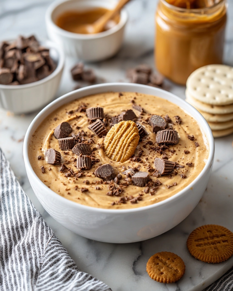 A clear glass cup filled with two thick layers of light beige creamy dessert mixed with small chunks of peanut butter candy pieces. The top layer is thicker and textured with soft peaks, holding more candy pieces unevenly placed and one whole round peanut-shaped cookie standing upright near the center. Around the glass on a white marbled surface, there are scattered round peanut-shaped cookies and mini peanut butter candies. In the background, there is a white bowl filled with more mini peanut butter candies and a blurry second glass cup with the same dessert. Photo taken with an iphone --ar 4:5 --v 7