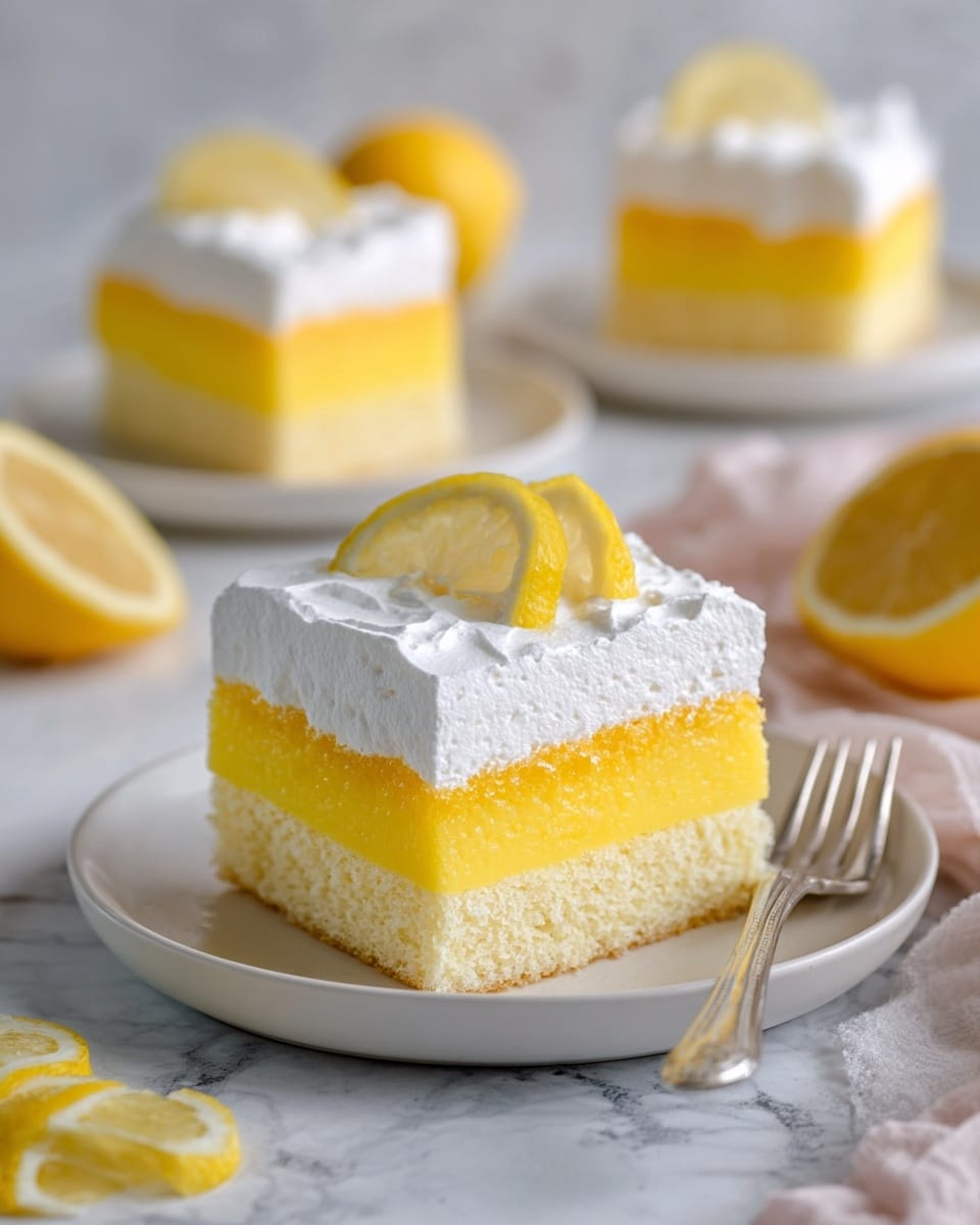 The image shows a square piece of lemon cake with three distinct layers on a white plate. The bottom layer is a light yellow sponge cake, soft and fluffy in texture. The middle layer is a creamy lemon filling, pale yellow and smooth. The top layer is white whipped cream, thick and slightly textured, with a thin lemon slice placed in the center. Around the main cake slice, there are other similar slices on white plates with silver forks, and fresh lemon halves and slices scattered on a white marbled surface. The photo is taken with an iphone --ar 4:5 --v 7