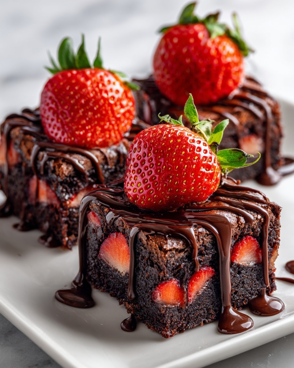 The image shows three square pieces of chocolate cake on a white plate, placed on a white marbled surface. Each piece has two visible layers: a dark, rich chocolate cake base with small strawberry pieces inside, and a top layer covered with dark chocolate drizzle that flows slightly over the sides. On top of each cake piece, there are fresh strawberry halves with bright red color and green leaves, creating a fresh and vibrant contrast against the dark chocolate. The focus is tight on the front piece, showing shining texture and details of the chocolate and strawberries clearly. photo taken with an iphone --ar 4:5 --v 7
