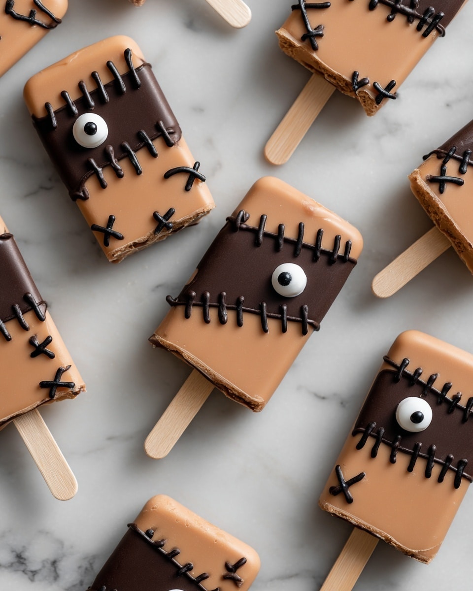 The image shows several square chocolate treats on wooden sticks, each coated fully in smooth milk chocolate, laid out on a white marbled surface. Each treat is decorated with black icing in stitch-like lines running vertically along the center and across edges, giving a stitched notebook look. On one side of each square is a single candy eye with a white base and a black pupil. The wooden sticks are plain and light brown, and the chocolate coating shines softly under the light. photo taken with an iphone --ar 4:5 --v 7