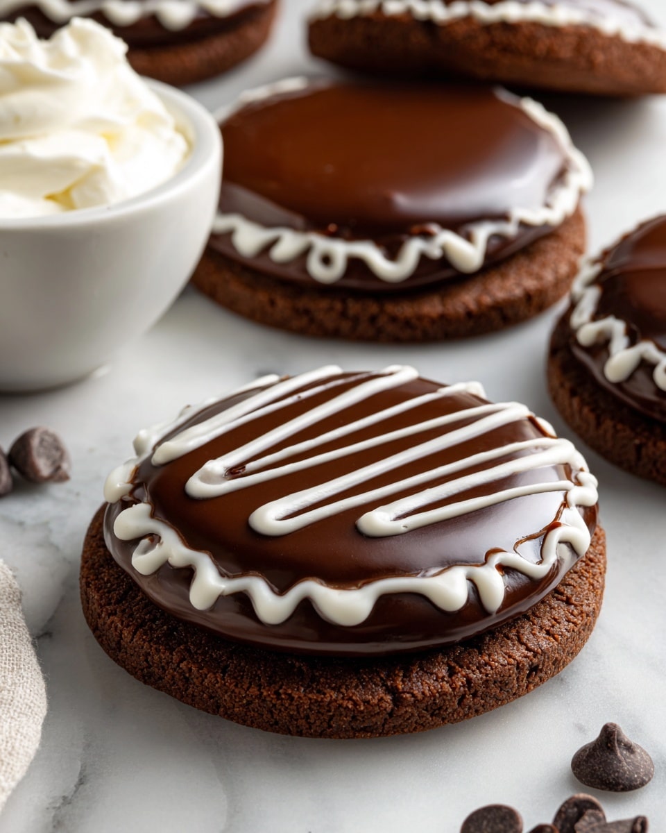 The image shows several round chocolate cookies with three layers: the bottom layer is a dark brown cookie base with a rough texture, the middle layer is a thick smooth white frosting ring edging the cookie, and the top layer is a shiny dark chocolate glaze covering the center inside the white ring. On top of the chocolate glaze, there is a decorative white swirl line drawn across each cookie. The cookies are arranged on a white marbled surface, with a white bowl filled with white frosting and another bowl of dark chocolate chips partially visible near the edges. The light highlights the glossy surface of the chocolate glaze especially, making it look fresh and inviting. photo taken with an iphone --ar 4:5 --v 7