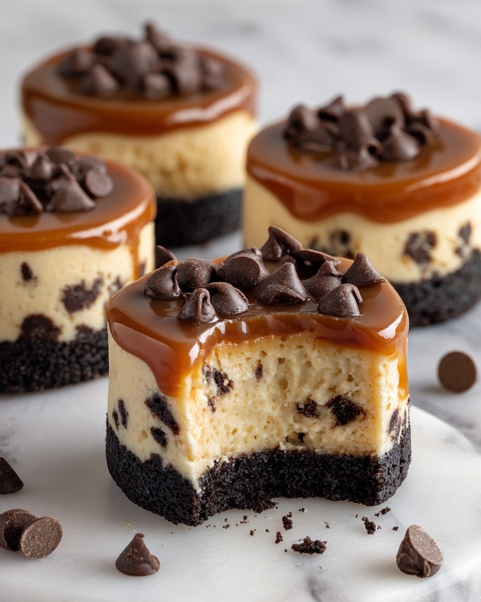 The image shows four small round desserts, each with three distinct layers. The bottom layer is dark brown and looks crunchy or firm. The middle layer is thick, creamy, and ivory colored with small chocolate chips mixed into it. The top layer is a smooth, shiny caramel sauce in a rich golden brown color, slightly spilling over the edge of the closest dessert. More chocolate chips are sprinkled on top of the caramel. The front dessert has a small bite taken out of it, revealing the layers clearly. The desserts sit on a crinkled light brown parchment paper, which rests on a white marbled surface. Photo taken with an iphone --ar 4:5 --v 7
