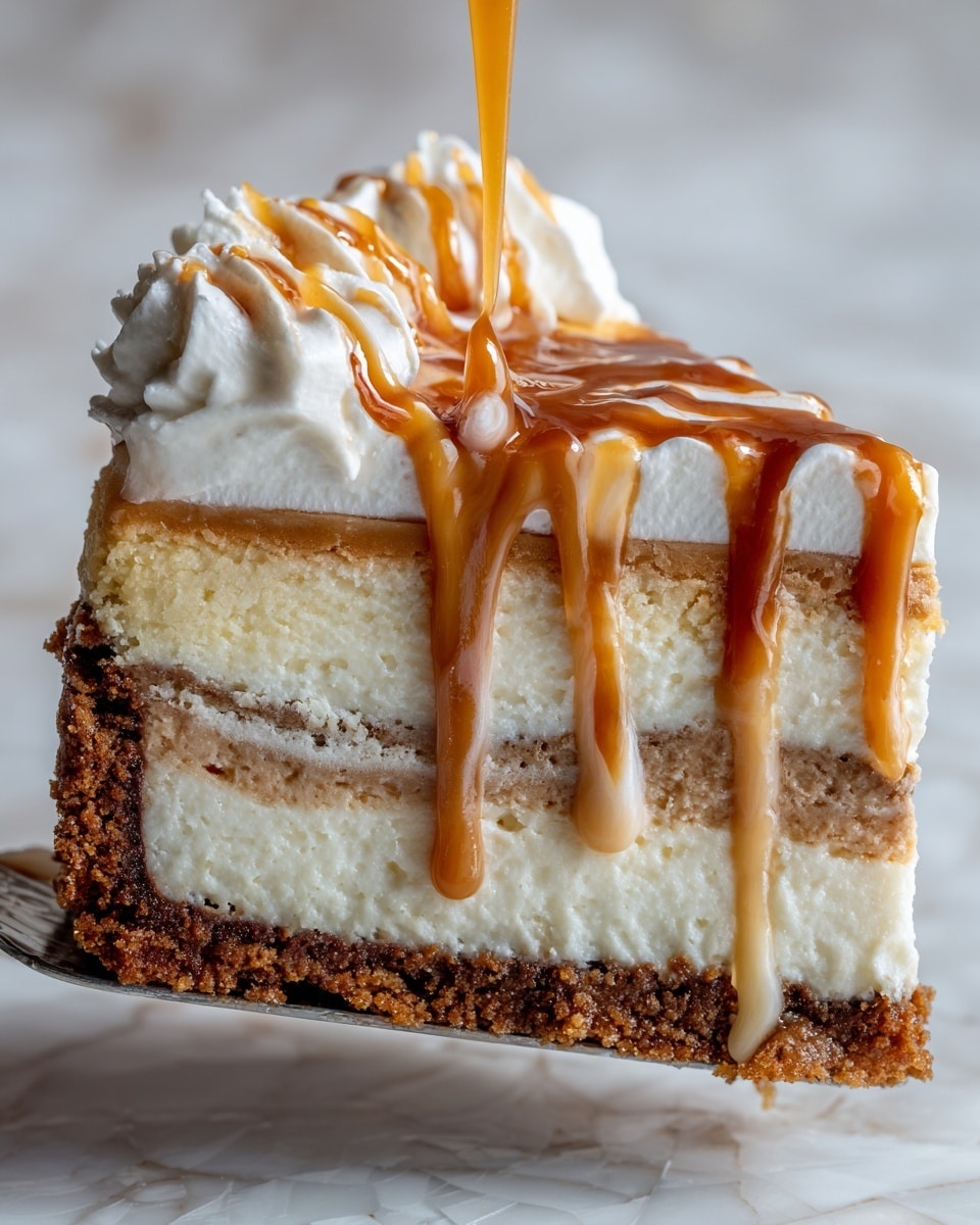 A slice of layered cheesecake is held on a utensil with a woman's hand out of focus. The bottom layer is a dark brown crumbly crust, above it is a thick creamy white cheesecake layer with swirls of light brown, middle layer is a dense light brown mix, topped by a fluffy white cream layer. Glossy caramel sauce drips down the top and sides of the cake adding shine. The background is a soft, white marbled texture. photo taken with an iphone --ar 4:5 --v 7