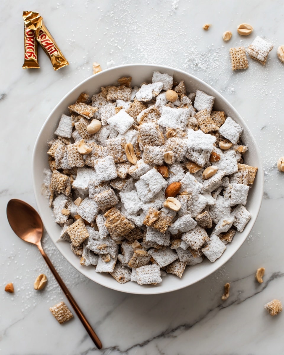 A large white bowl is filled with a mix of small square cereal pieces covered in a thick layer of white powdered sugar, mixed with light brown peanuts scattered throughout. The cereal pieces are dark brown underneath the sugar dusting and create a textured, crumbly look. A shiny copper spoon is partially buried in the cereal mix, resting at the bottom of the bowl. Around the bowl on the surface, which is white marble, there are a few pieces of cereal and peanuts. In the top left corner, two Snickers mini candy wrappers can be seen slightly open. Photo taken with an iphone --ar 4:5 --v 7
